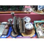 A Pair of 1920's Oak Barley Twist Candlesticks, 1920's biscuit barrels with chrome handles and lids,