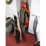 A Flymo Contour 500 Power Plus Strimmer, a Flymo Leafvac, garden tools, workbench, etc.