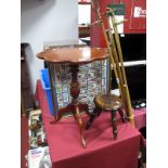 A XIX Century Ash Milking Stool, yew wood pedestal wine table, together with framed Wills