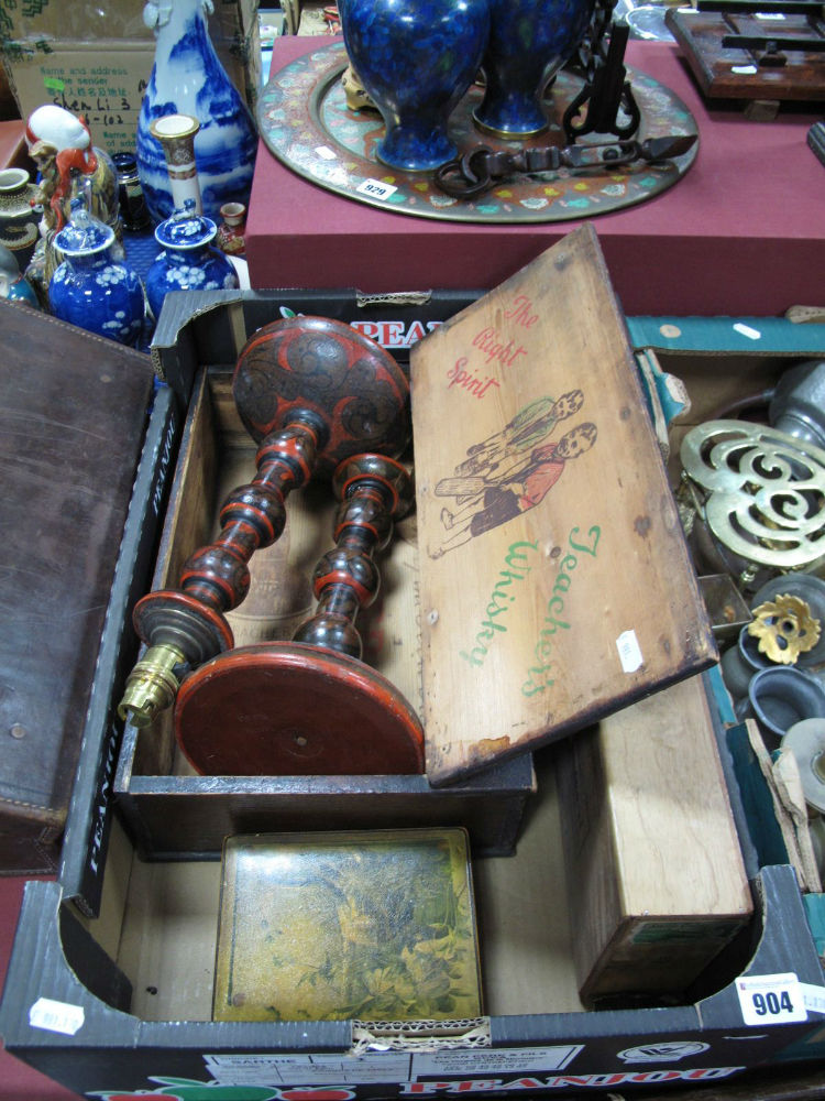 Teachers Whisky Box, cigar box, a pair of Persian style table lamps, etc:- One Box