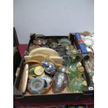 Tankards, copper kettle, bread boards, soda syphon, wire framed ceiling light, etc:- Two Boxes