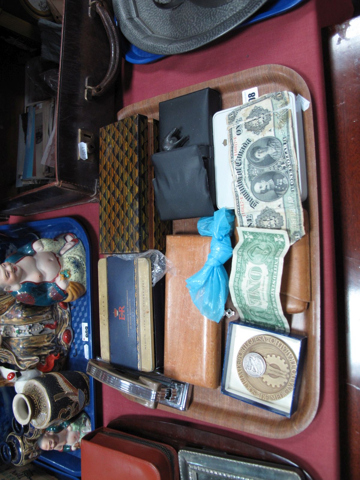 Coins, banknotes, shells, calculator, penknives, stapler, etc:- One Tray