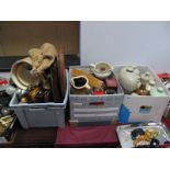 Stoneware Hot Water Bottles, jugs, wooden entreé servers, table lamp etc:- Three Boxes