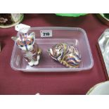 Royal Crown Derby Paperweights of Imari Cats, one curled and the other sat up, both circular