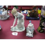 Lladro Figure of a Girl Picking Flowers; together with another of a clown with puppy. (2)