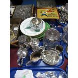 Plated Golf Trophy, plated four bottle condiment, biscuit barrel, Crown Devon plates, etc:- One