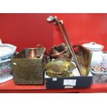 XIX Century Brass Jam Pan, copper coal helmet, log bin, candlestick, walking sticks, etc.