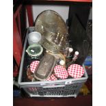 Plated Tray, glass jars, bottles, stoneware jar, plated ware, etc:- One Box