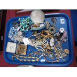 Assorted Costume Jewellery, including beads, filigree panel bracelet, brooches, marcasite set