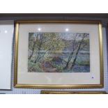 M. Groves Watercolour of a Wooded River Landscape, with distant bridge, signed and dated (20)00