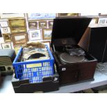 H. M. V. Oak Cased Table Top Gramophone, model 109. Together with winder needles and a quantity of