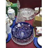 Webb Glass Fruit Bowl, three footed bowl, platter, blue flash glass fruit bowl, decanter having
