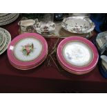 Six Early XX Century Worcester Hand Painted China Dessert Plates, within peropd design border and