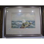 W. Thomas Smith Watercolour, choppy sea against rocks, signed lower left, framed and glazed.