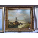 G.Reede, XX Century Oil on Canvas, Dutch river scene with windmills and fisherman, signed lower