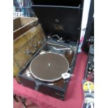 HMV Model 101 Portable Gramophone, with black leatherette covering, together with a quantity of