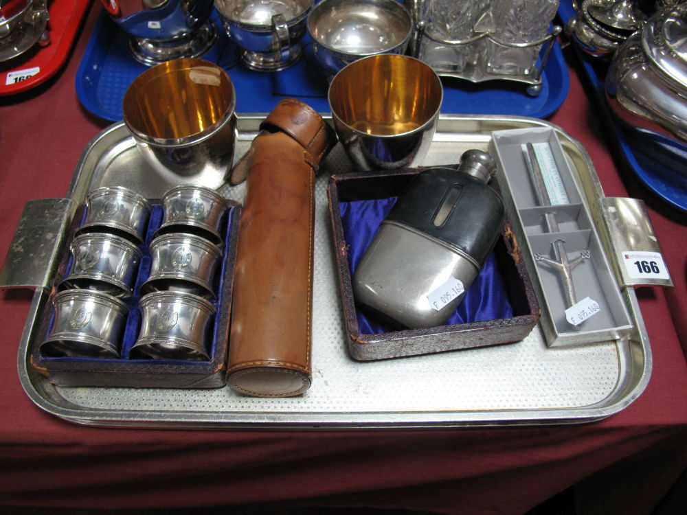 A Set of Six Napkin Rings, numbered 1-6, in original fitted case (case broken), hip flask,