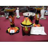 Lorna Bailey, a pair of Old Elgreave Pottery Candlesticks, in yellow, black , orange and red, 15.