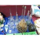 A Quantity of Epergne Glass Flutes, together with three globular floats:- One Tray