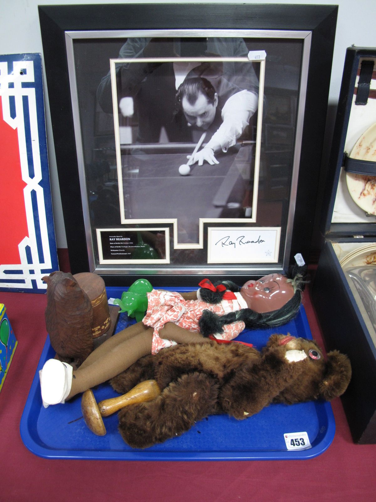 Ray Reardon Signed Montage, teddy, doll, carved wooden bear tidy box, jadeite elephant, darning