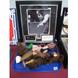 Ray Reardon Signed Montage, teddy, doll, carved wooden bear tidy box, jadeite elephant, darning
