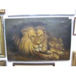 J. Lougden, Oil on Canvas, study of relaxing male and female lions, 50.5x76cms, signed and dated