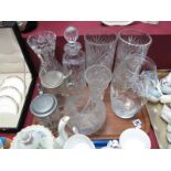 A Pair of Star Cut Vases, decanter, tankards, other glassware:- One Tray