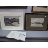 E. Edwards, Watercolour, Tranquil Harbour Scene, 17x24.5cms, signed lower left, another similar. (