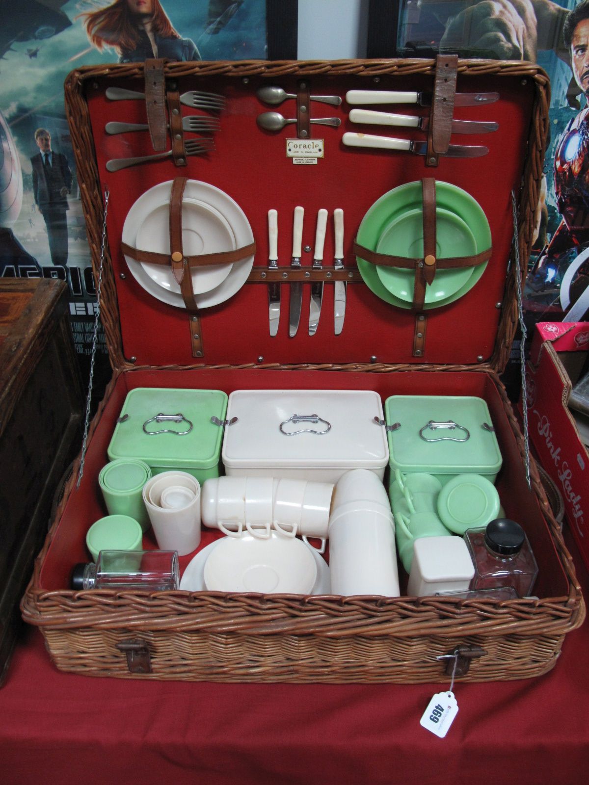 A Large Early 1900's Picnic Basket by Corocle for Asprey, London, with green and cream bandalasta