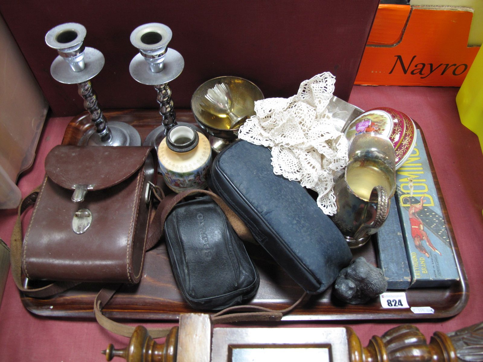 Two Olympus Cameras, Carl Zeiss binoculars, chrome candlesticks, dominoes, etc:- One Tray