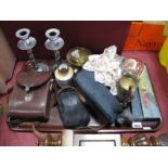 Two Olympus Cameras, Carl Zeiss binoculars, chrome candlesticks, dominoes, etc:- One Tray