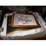 A Quantity of Embroidered Pictures. Linens:- One Box
