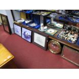 Brass Circular and Rectangular Gilt Framed Wall Mirrors, three prints.