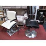 Two Chrome Framed Hairdressers Salon Armchairs, stitched leather seats, shaped arms one labelled '