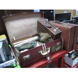 A Fox Fur Stole, vintage lady's handbags, settee set, all within a circa 1960's travel case with