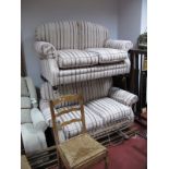 A Pair of Laura Ashley Two Seater Settees, both upholstered in beige draylon with purple striping.