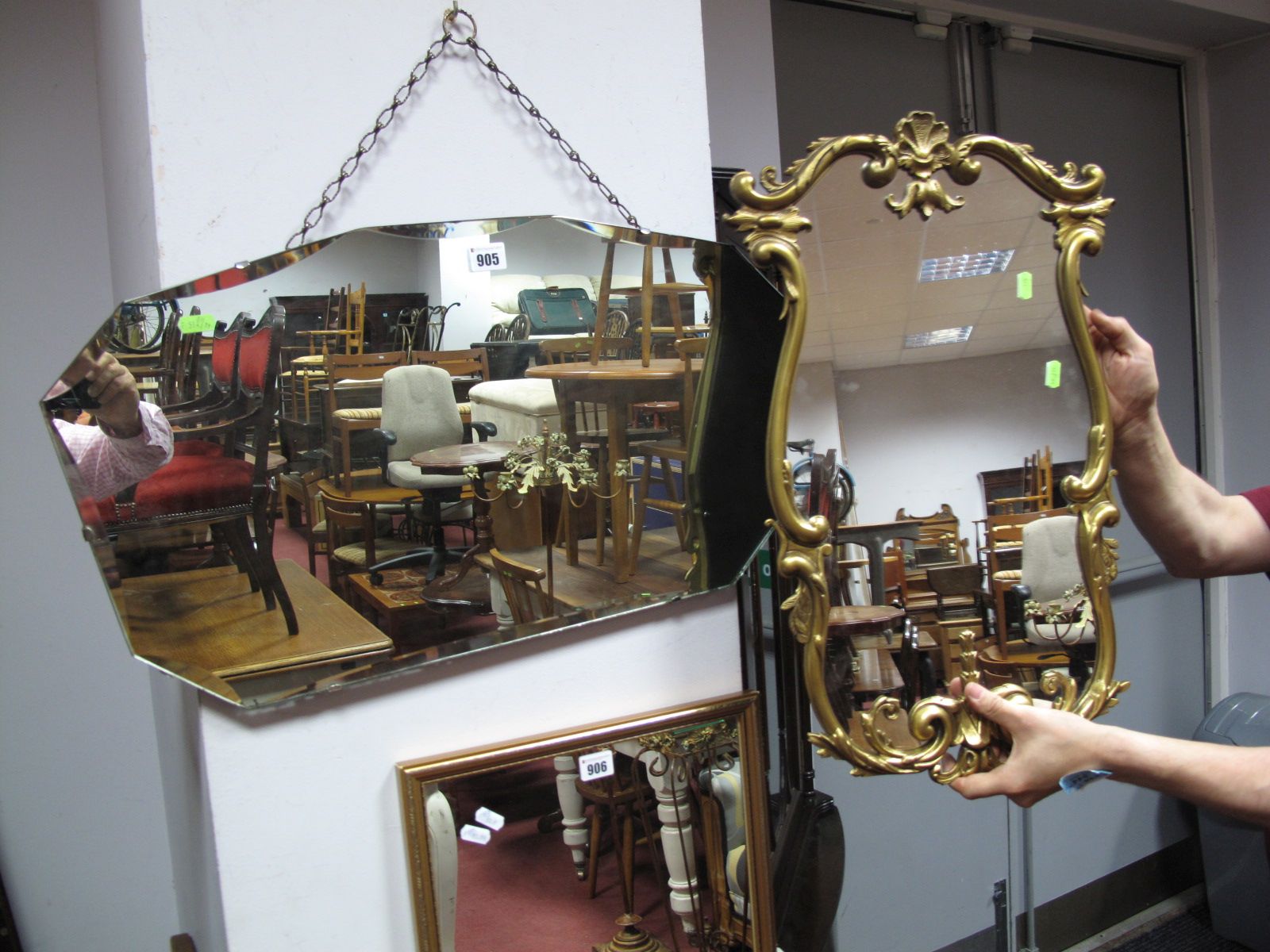 A Gilt Metal Scroll Framed Mirror, another bevel edged.