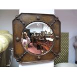 1920's Oak Hexagonal Shaped Wall Mirror, with split balusters, circular mirror.