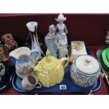 Three Spanish Pottery Figurines, Poole biscuit barrel, Daintee Laydee teapot, Breiby vintage car,