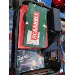 Scrabble, Monopoly, Escalado, stamps, Summitone Six Transistor, Hanimex and other binoculars.