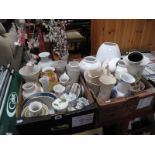 Pottery and China Vases, planters, preserve pots, pin dishes, trinket pots, jugs, etc:- Two boxes