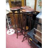 Three Matching Hardwood Jardiniere Stands, with circular tops, on barley twist supports, splayed