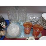 A Pair of Octagonal Based Pressed Glass Vases, bowl on stand, carnival vases, fruit set:- One Tray