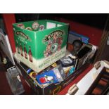 Dominoes, mantel clock, longlife bulbs, brassware, drawing set, calculators, etc:- Two Boxes