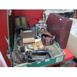 Two Shell Cases, car radio, paraffin lamp, enamel kettle, travel clocks, shoe last, typewriter