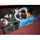 Kitchenalia, including cutlery, mixing bowls, breakfast dishes, cafetiere, pots, etc:- Two Boxes