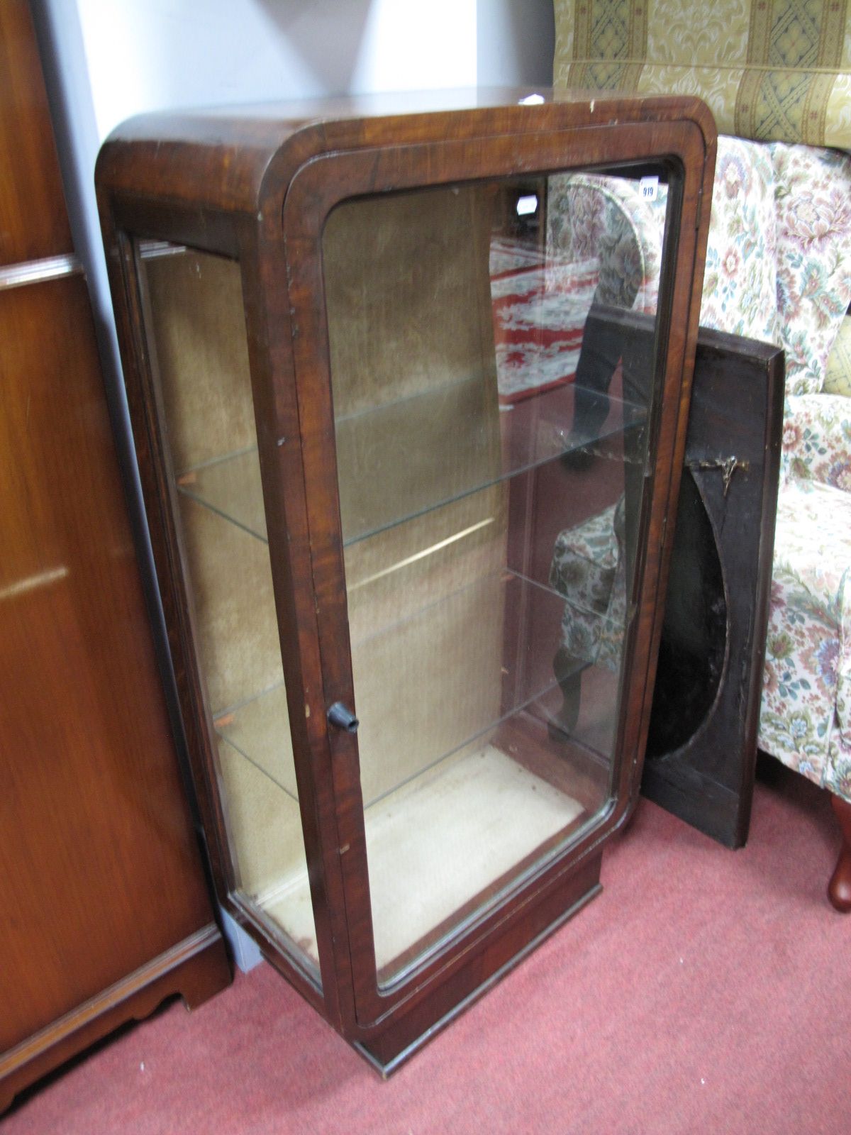 A Circa 1920's Walnut Glazed Display Cabinet, in the Art Deco style, rectangular form, rounded