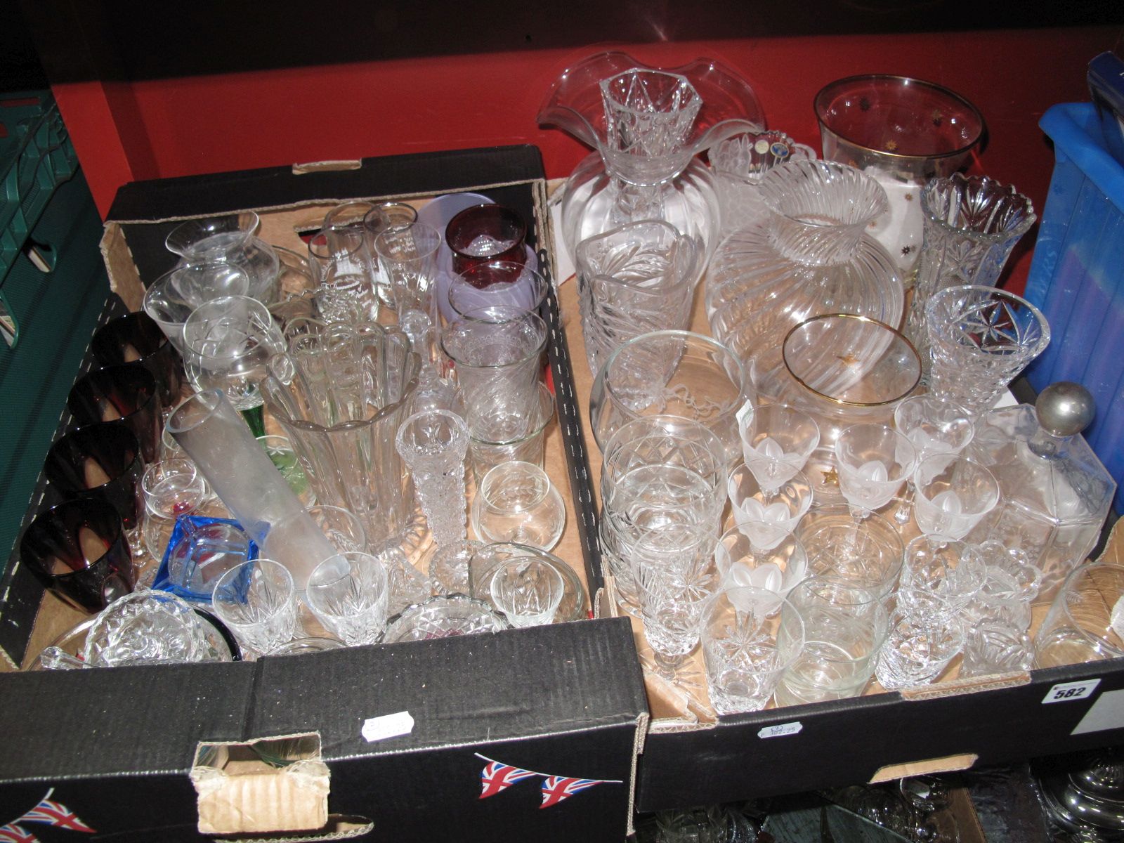 Bohemian and Other Lead Crystal Glassware, including ribbed vases, acid etched decanter, sherries,