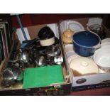 Cooking Dishes, pots, pyrex jugs, stainless steel tea wares, pans and other kitchenalia. Two boxes