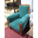 Early XX Century Walnut Framed Armchair, back, arms and seat upholstered in a green draylon, on